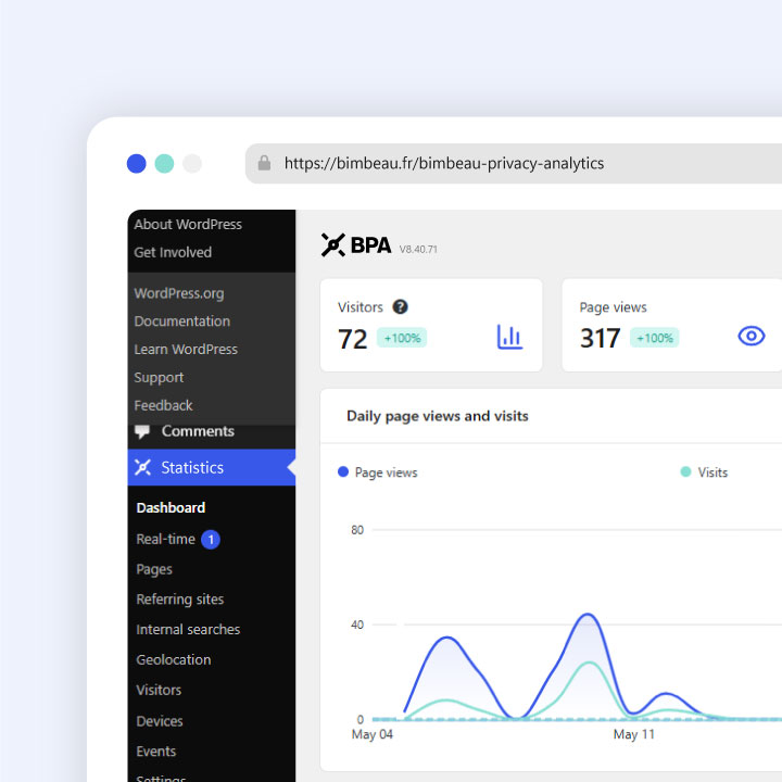 BimBeau Privacy Analytics dashboard overview with traffic metrics and activity trends