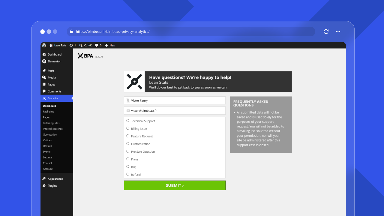 BimBeau Privacy Analytics Contact support screen