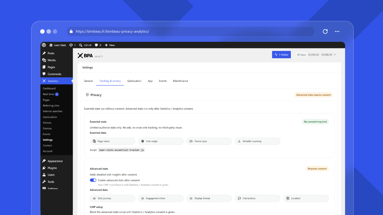 BimBeau Privacy Analytics essential and advanced tracking comparison