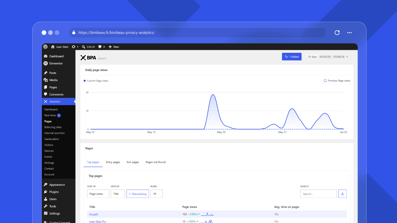 BimBeau Privacy Analytics Pages report showing page analytics
