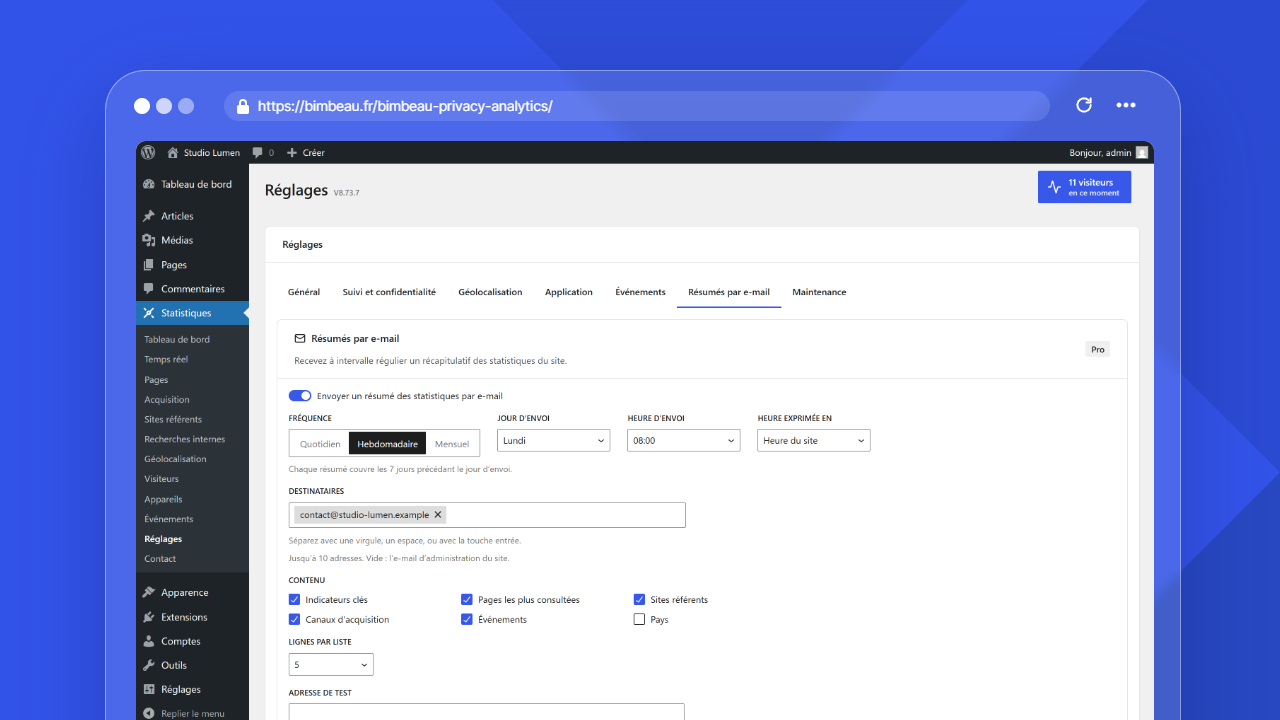 Réglages des résumés par e-mail de BimBeau Privacy Analytics Pro : fréquence, jour et heure d’envoi, destinataires et contenu