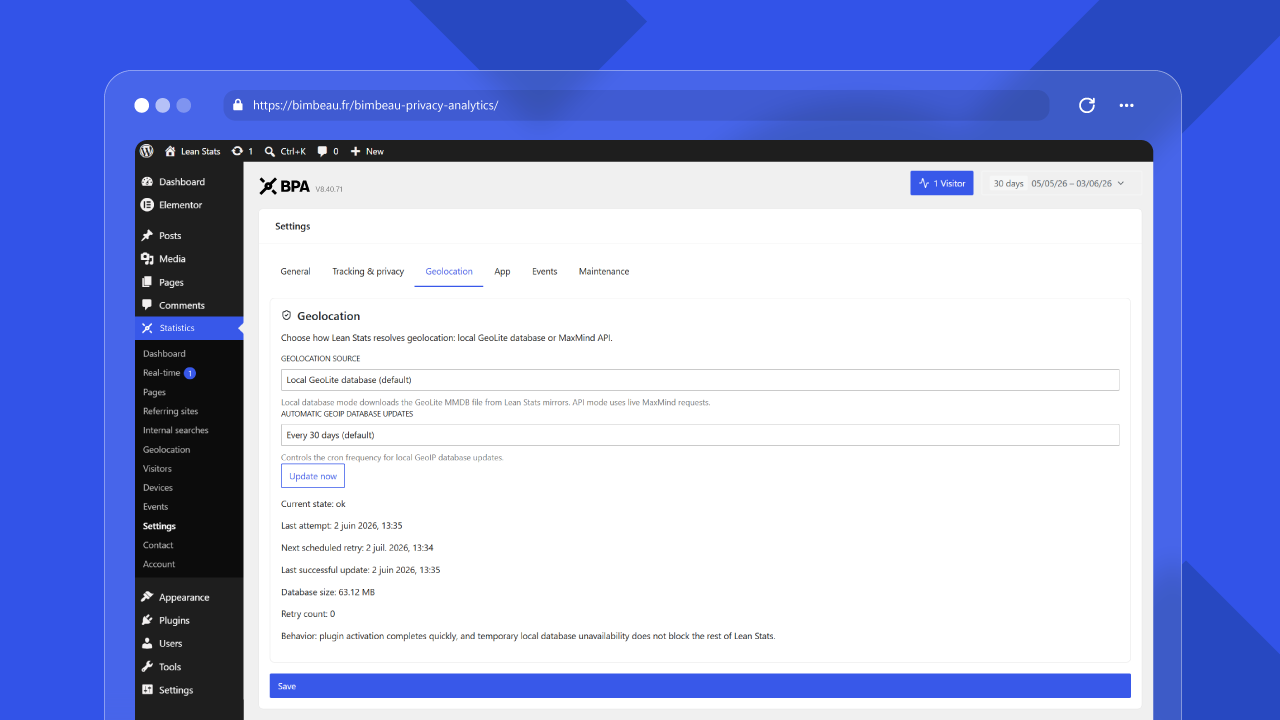 BimBeau Privacy Analytics Geolocation settings screen