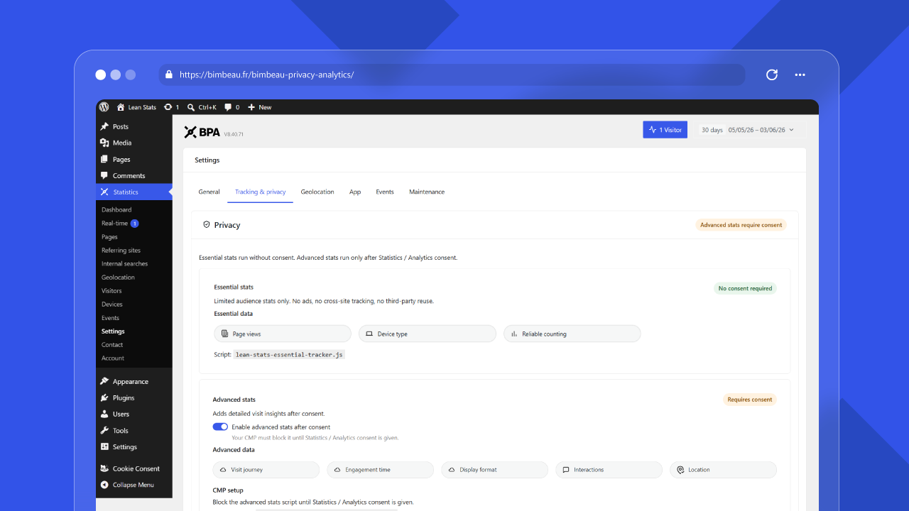 BimBeau Privacy Analytics Tracking and privacy settings screen