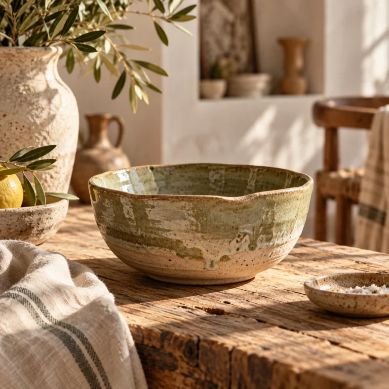 Bol en grès émaillé vert sauge posé sur une table en bois brut, lumière naturelle de côté.