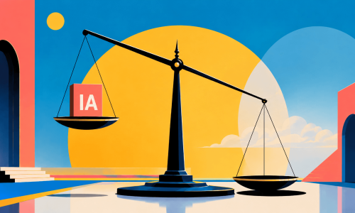 Une illustration stylisée d'une balance dont le plateau de gauche, contenant un cube rouge marqué IA, penche vers le bas, sur un fond géométrique coloré.