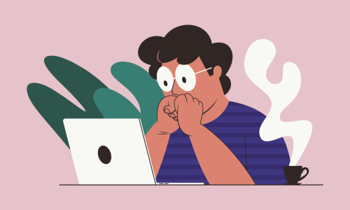 Une illustration stylisée d'un homme aux cheveux bouclés et lunettes, l'air inquiet, travaillant sur un ordinateur portable avec une tasse de café fumante à côté de lui.