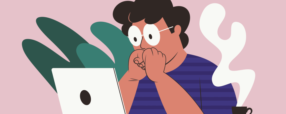 Une illustration stylisée d'un homme aux cheveux bouclés et lunettes, l'air inquiet, travaillant sur un ordinateur portable avec une tasse de café fumante à côté de lui.